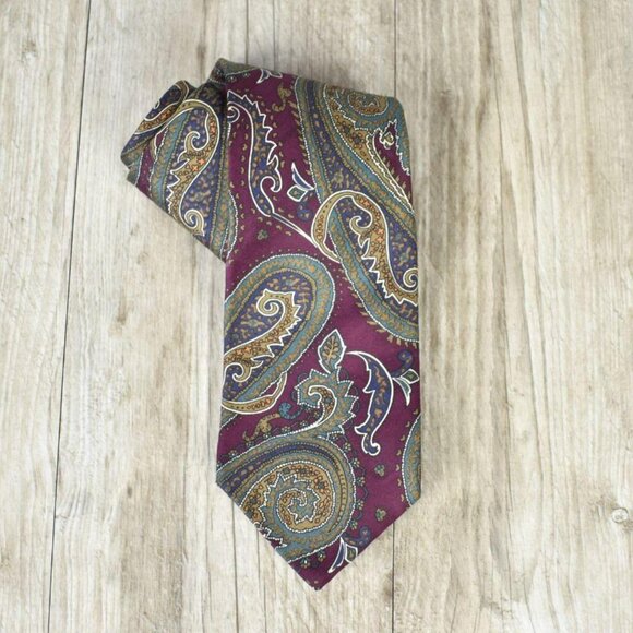 Academia Old Money Designer Christian Dior Cranberry & Green Paisley Silk Tie - Picture 6 of 7